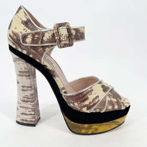 Miu Miu Beige Black Gold Teju Lizard Embossed Platform Sandals Heels IT 39.5 - Picture 3 of 14